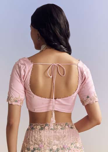 Pink Net Saree With Pastel Floral Embroidery And Resham Detailing