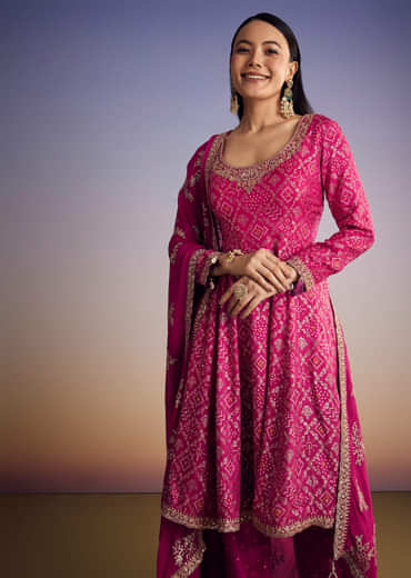 Pink Ombre Bandhani Anarkali Suit With Zardosi Neckline