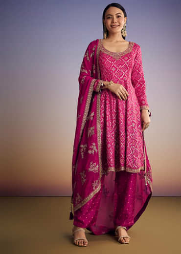 Pink Ombre Bandhani Anarkali Suit With Zardosi Neckline