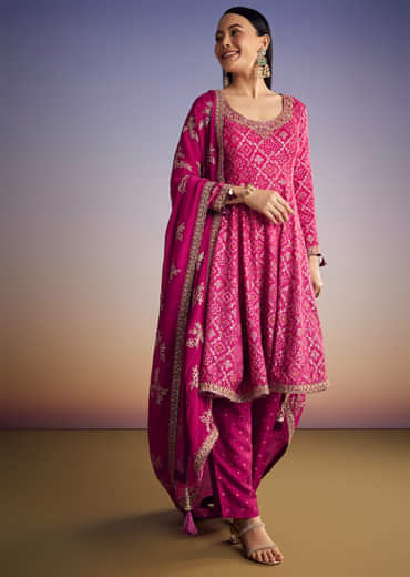 Pink Ombre Bandhani Anarkali Suit With Zardosi Neckline