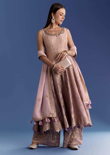 Pink Ombre Georgette Anarkali With Cutdana Neck And Zari Dupatta