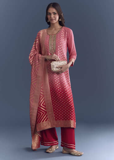 Pink Ombre Georgette Kurta Set With Banarasi Weave