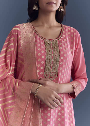 Pink Ombre Georgette Kurta Set With Banarasi Weave