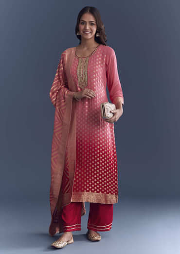 Pink Ombre Georgette Kurta Set With Banarasi Weave