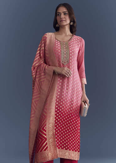 Pink Ombre Georgette Kurta Set With Banarasi Weave