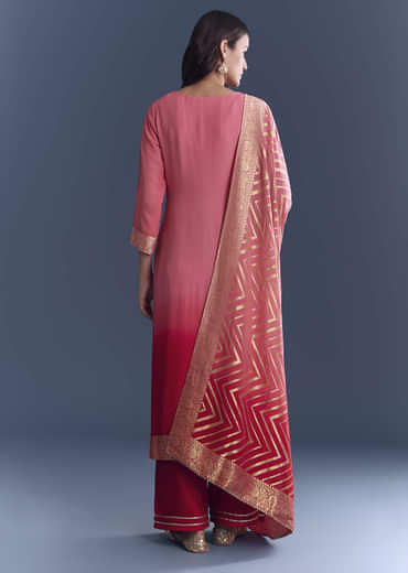 Pink Ombre Georgette Kurta Set With Banarasi Weave