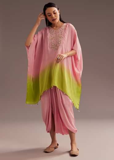 Pink Ombre Moti Zardosi Crepe Kaftan Kurta Dhoti Set