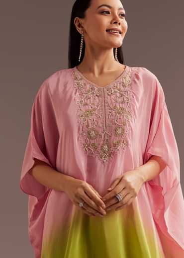 Pink Ombre Moti Zardosi Crepe Kaftan Kurta Dhoti Set