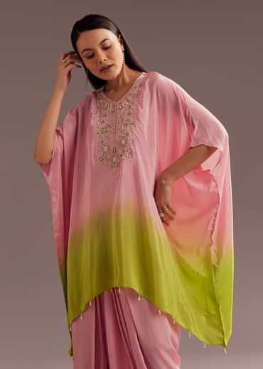 Pink Ombre Moti Zardosi Crepe Kaftan Kurta Dhoti Set