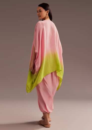 Pink Ombre Moti Zardosi Crepe Kaftan Kurta Dhoti Set