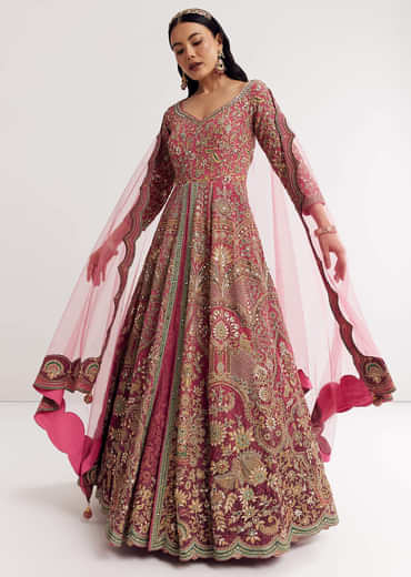 Pink Ombre Printed Anarkali Suit With Gotta And Mirror Work