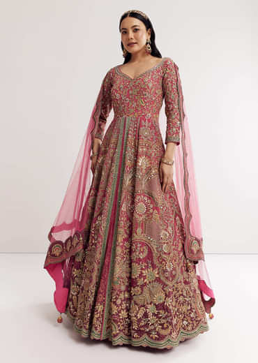 Pink Ombre Printed Anarkali Suit With Gotta And Mirror Work