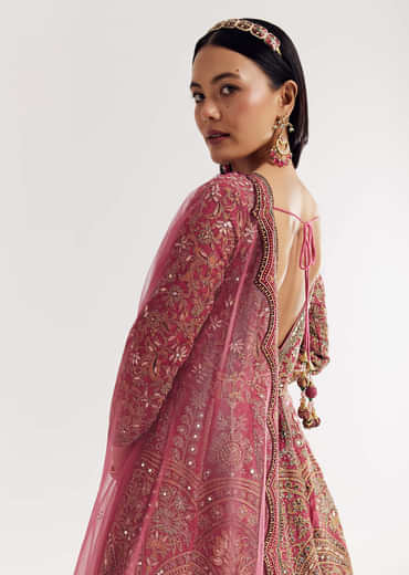 Pink Ombre Printed Anarkali Suit With Gotta And Mirror Work