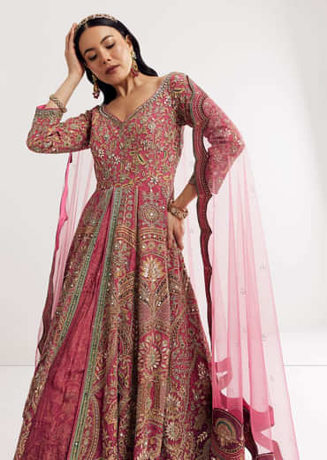 Pink Ombre Printed Anarkali Suit With Gotta And Mirror Work