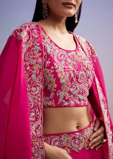 Pink Organza Crop Top And Skirt Set With Embroidered Cape