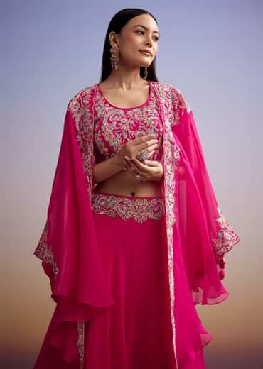 Pink Organza Crop Top And Skirt Set With Embroidered Cape
