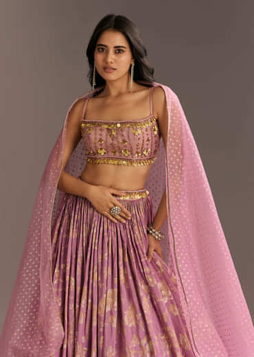 Pink Organza Double Layered Lehenga Set With Handwork Embroidery