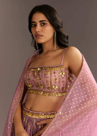 Pink Organza Double Layered Lehenga Set With Handwork Embroidery