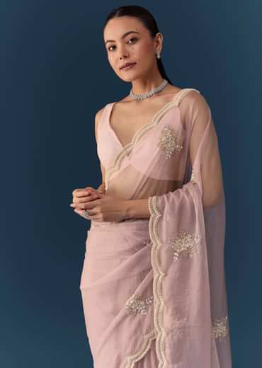 Pink Organza Embroidered Saree with Blouse Fabric