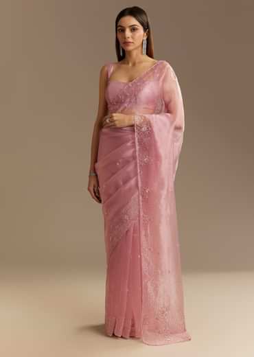 Pink Organza Sequins Saree With Scallop Border