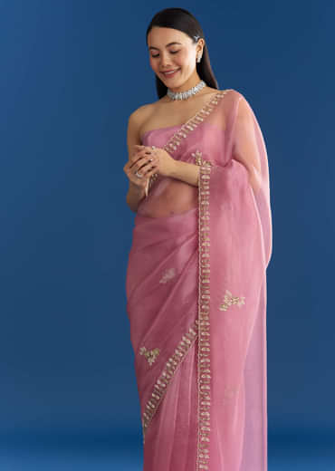 Pink Organza Tissue Saree With Beaded Scallop Border