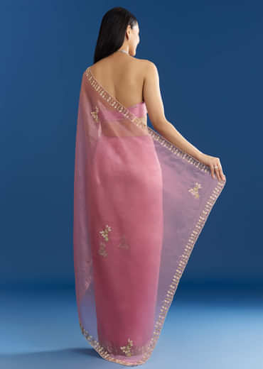 Pink Organza Tissue Saree With Beaded Scallop Border