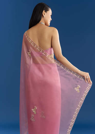 Pink Organza Tissue Saree With Beaded Scallop Border