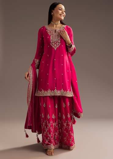 Pink Palazzo Dupatta Set With sequins Work