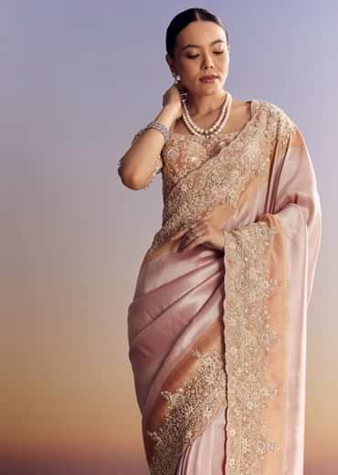 Pink Peach Kora Silk Saree With Zardosi Embroidery