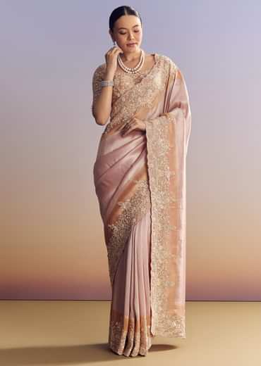 Pink Peach Kora Silk Saree With Zardosi Embroidery