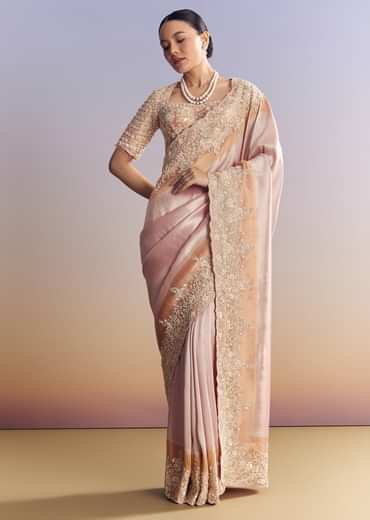 Pink Peach Kora Silk Saree With Zardosi Embroidery