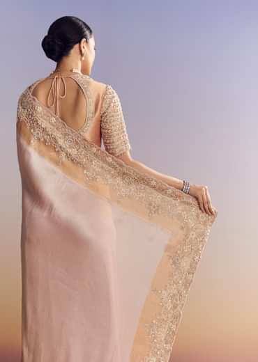 Pink Peach Kora Silk Saree With Zardosi Embroidery