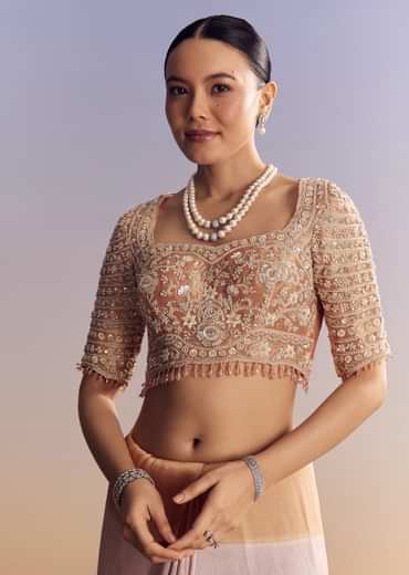 Pink Peach Kora Silk Saree With Zardosi Embroidery