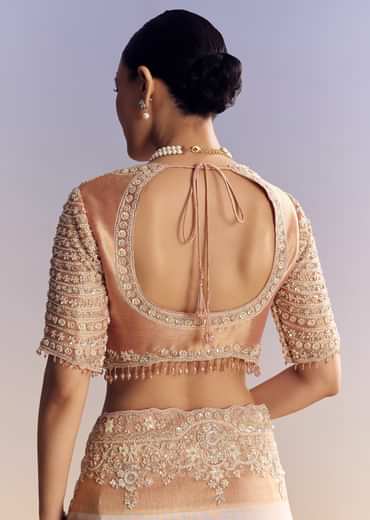 Pink Peach Kora Silk Saree With Zardosi Embroidery