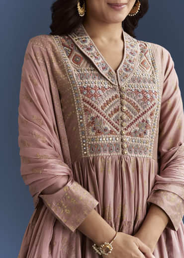 Pink Printed Chanderi Anarkali Set With Thread Work