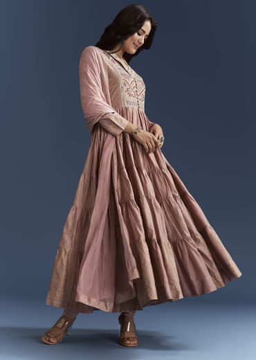 Pink Printed Chanderi Anarkali Set With Thread Work