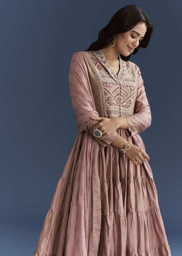Pink Printed Chanderi Anarkali Set With Thread Work