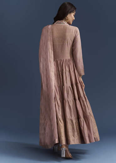 Pink Printed Chanderi Anarkali Set With Thread Work