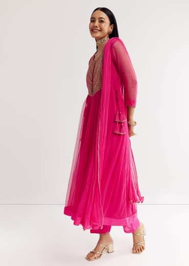 Pink Printed Chiffon Sequin Kurta Set With Dupatta