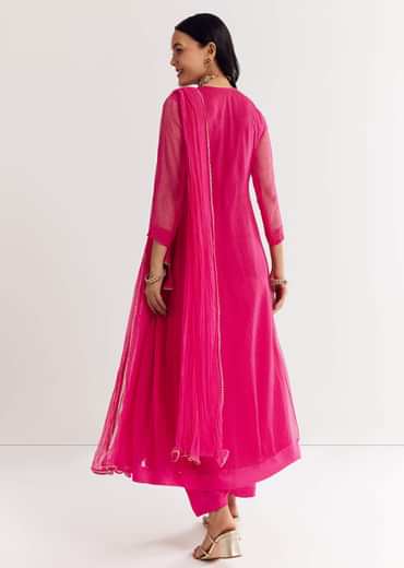 Pink Printed Chiffon Sequin Kurta Set With Dupatta