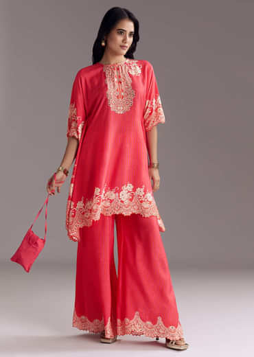 Pink Printed Co-ord Set With Mirror Work