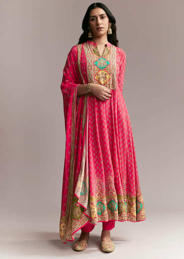 Pink Printed Crepe Anarkali Set