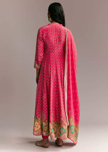 Pink Printed Crepe Anarkali Set