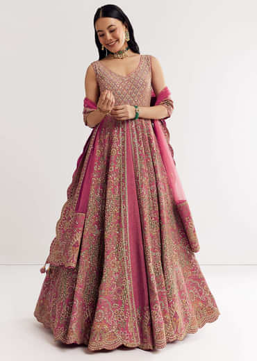 Pink Printed Embellished Anarkali Suit In Crepe