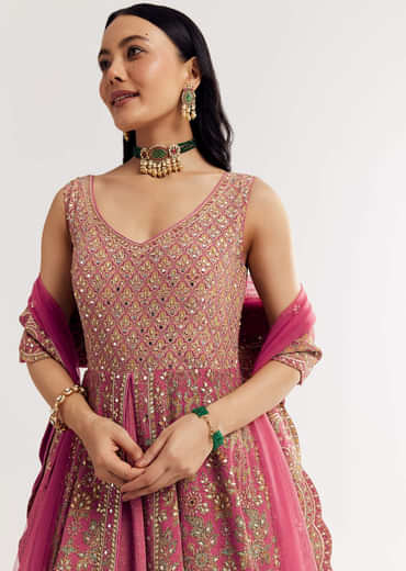 Pink Printed Embellished Anarkali Suit In Crepe