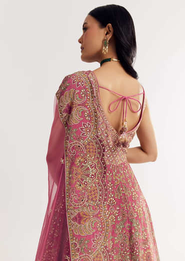 Pink Printed Embellished Anarkali Suit In Crepe