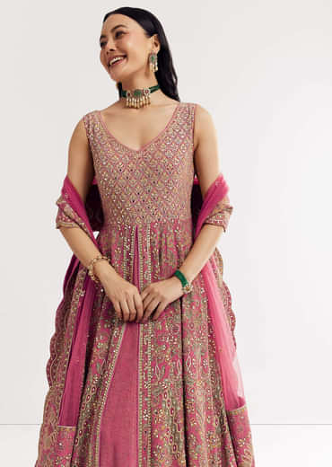 Pink Printed Embellished Anarkali Suit In Crepe