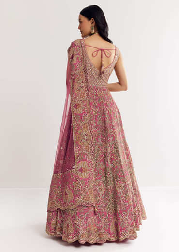Pink Printed Embellished Anarkali Suit In Crepe