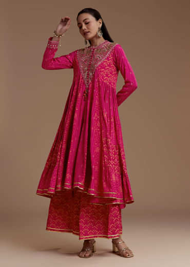 Pink Printed Flared Kurta and Palazzo Set