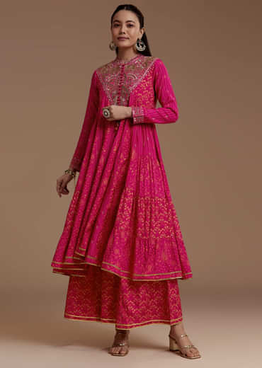 Pink Printed Flared Kurta and Palazzo Set